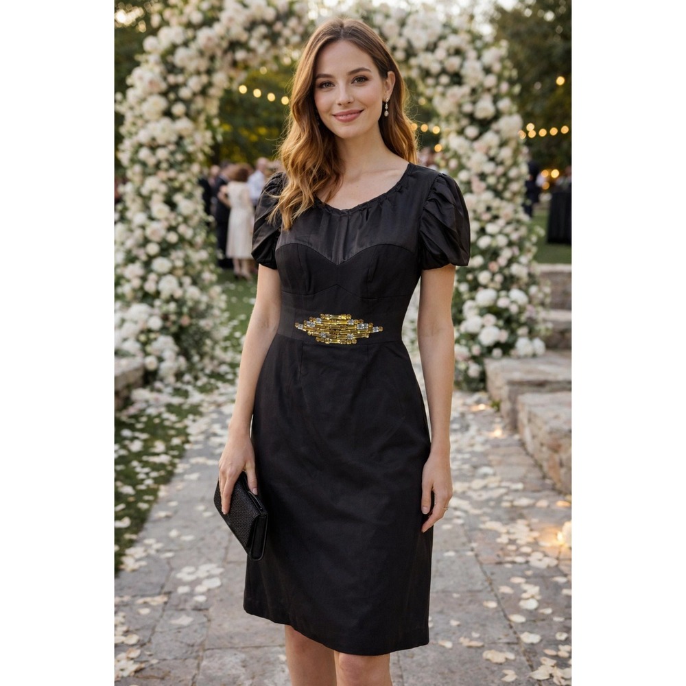 Cocktail Formal Built In Shapewear Midi Black Party Dress Wedding Guest Size 8